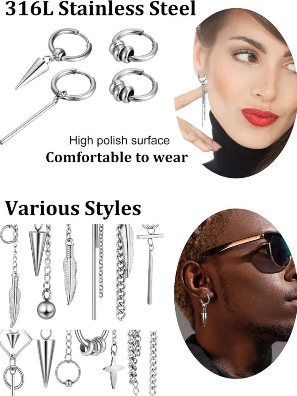 20 Pcs Men's Stainless Steel Dangle Earrings - Huggie Hoop & Drop Styles